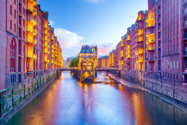 The Speicherstadt warehouse district at night in Hamburg, Germany