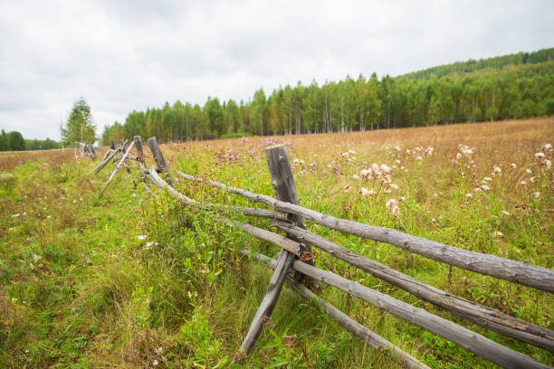 istock wooden fence along a grassy field, bordered by trees, clouds loom overhead 2194522081