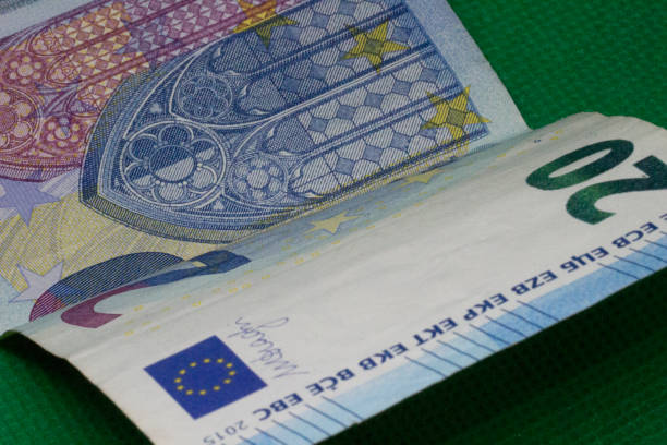 Detailed look at a twenty euro banknote.