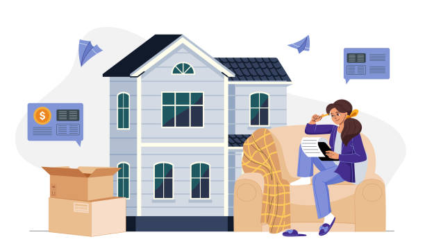 istock Woman with loader service. Young girl sits near house and cardboard boxes. Relocation and immigration. Woman arrives to new apartment with things. Flat vector illustration 2194534230