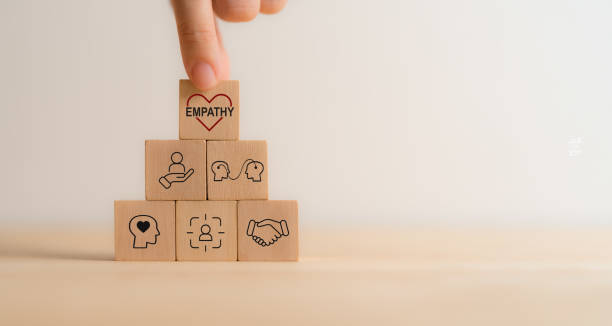istock Empathy concept. Wooden blocks with empathy icons on minimal background and copy space. The power of emotional intelligent, soft skill development. Empathy in the workplace, good leaders, good teams. 2194535018