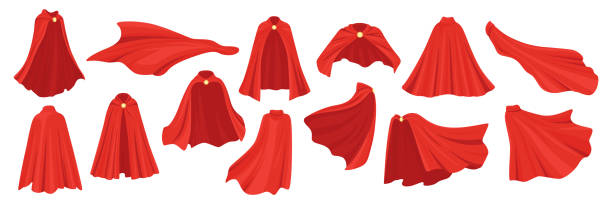 Red Superhero Capes Icon Set. Cartoon Hero Capes, Flying Capes For Comics, Animations, Costume Designs. Dynamic Red Comic Capes In Different Shapes For Superhero, Fantasy Hero Concept.