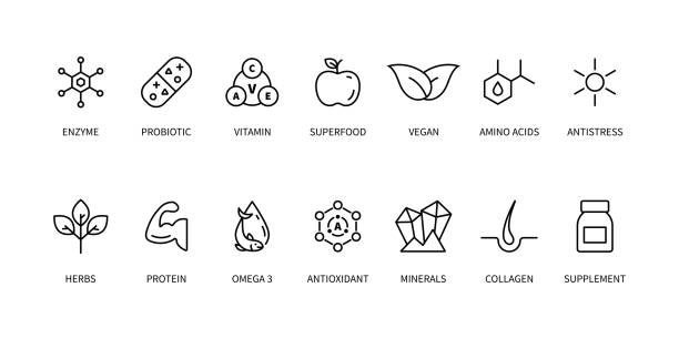 illustrazioni stock, clip art, cartoni animati e icone di tendenza di set di icone per integratori e linee vitaminiche. cibo sano. etichetta di prodotto biologico, bio, vegano. segno probiotico naturale, proteico, minerale per il confezionamento. badge dietetici disintossicanti. segno nutrizionale. illustrazione vettoriale. - minerali