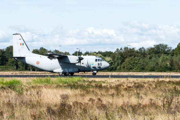 An Alenia C-27 J Spartan transport plane from the Romanian Air Force taking off from Eindhoven Air Force Base during the Nato exercise Falcon Leap.