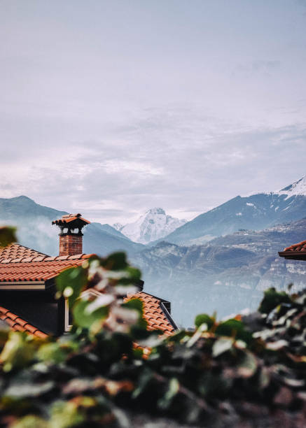 Beautiful View on Brembana Valley and Mount Menna from Oltre il Colle Mountain Village, in the Italian Alps, During a Sunny Summer Morning. Bergamo Province, Italy. Film Photography