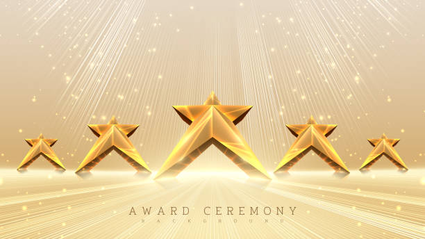 istock Elegant 3D gold star display stand with glow decoration and bright gold spotlights. Ideal for award ceremonies, celebrations and recognition events. 2194552269