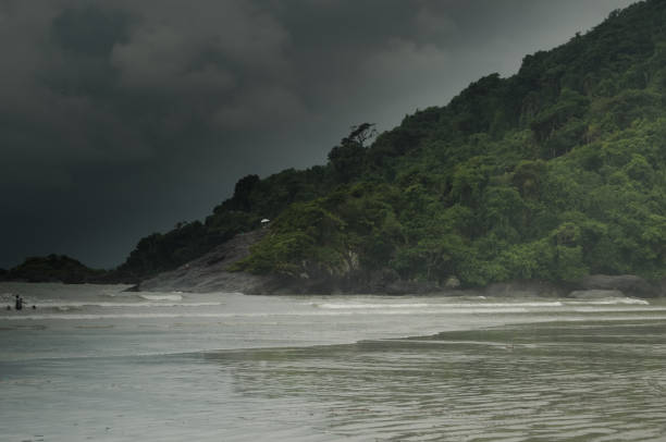 Beach in the city of Peruíbe located on the coast of São Paulo in a summer morning, cloudy sky, little cold and no presence of residents or tourists