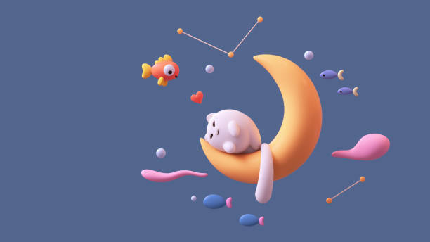 istock 3d render fluffy kawaii white happy cat sleeps on yellow moon dreams. 2194560976