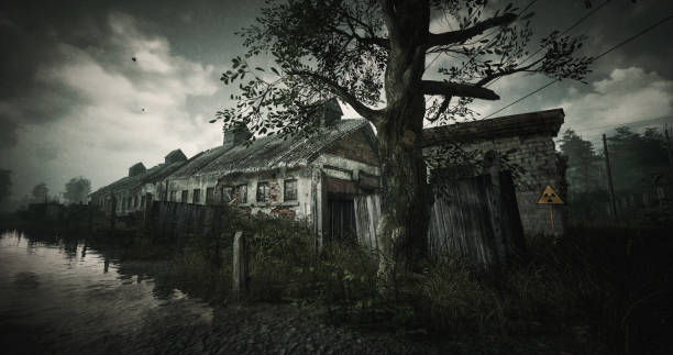 istock Abandoned Rural Buildings with Lonely Tree Under Cloudy Sky 2194565953
