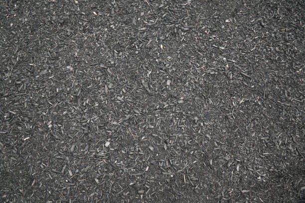 high angle view of black mulch background in garden