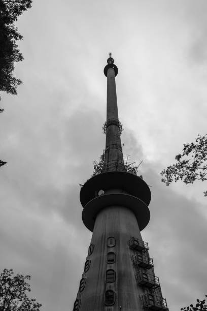 A communication tower is prominently displayed with its tall structure reaching into a cloudy sky. Surrounding trees frame the scene, enhancing the urban landscape.