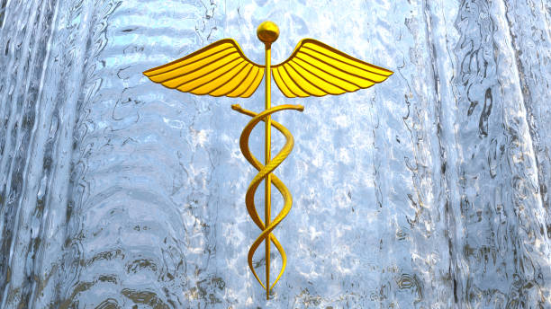 3d illustration of gold medicine symbol isolated on black background. Minimalist render of the Caduceus symbol with golden texture representing the healing of the sick.