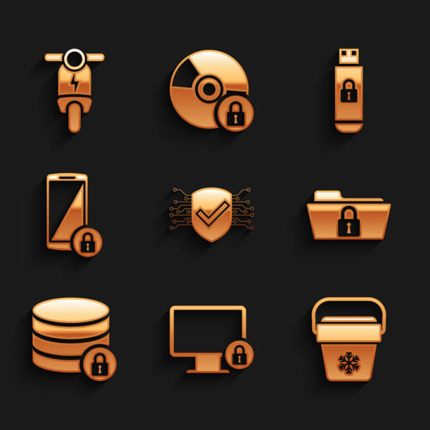 istock Set Cyber security, Lock on monitor, Cooler bag, Folder and lock, Server with and Smartphone icon. Vector 2194580399