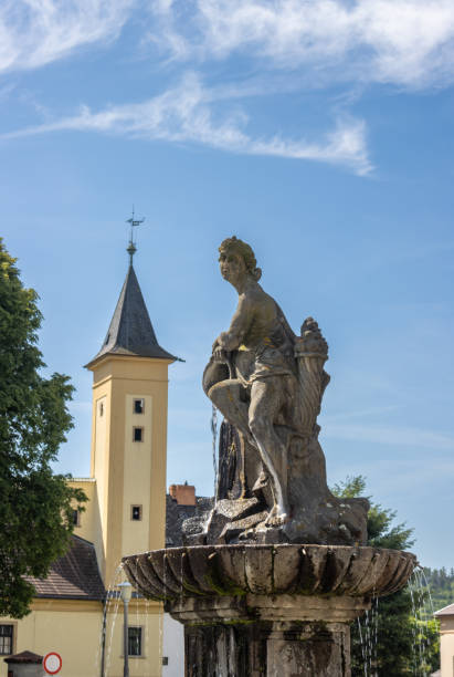 istock Fountain and castle tower, Zabreh, Czech republic 2194580469