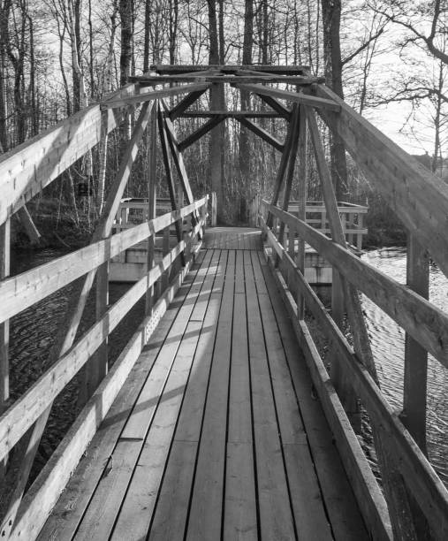 A wooden walk bridge over water