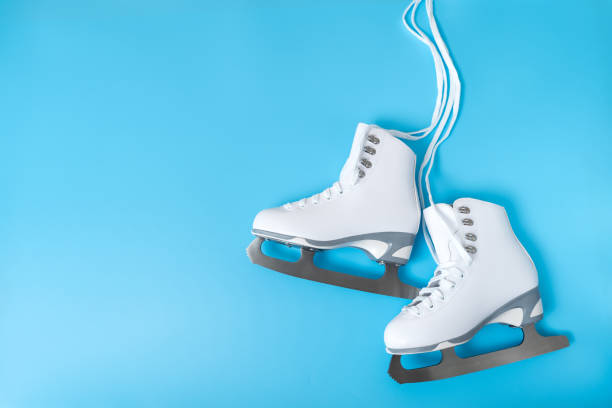 3d figure skates on ice. Winter sport ice skates icons. Elements for the image of a ski resort, mountain entertainment. 3d rendering