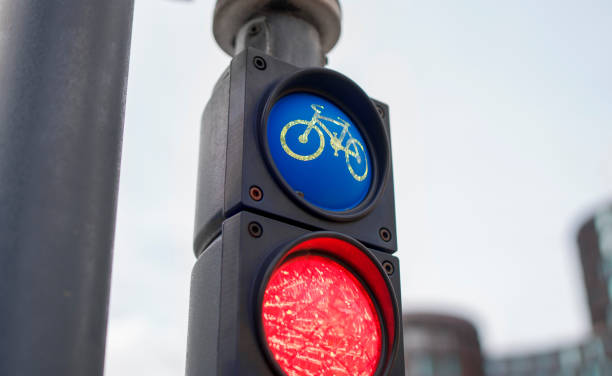 istock Bicycle traffic signal with red and blue lights 2194596593