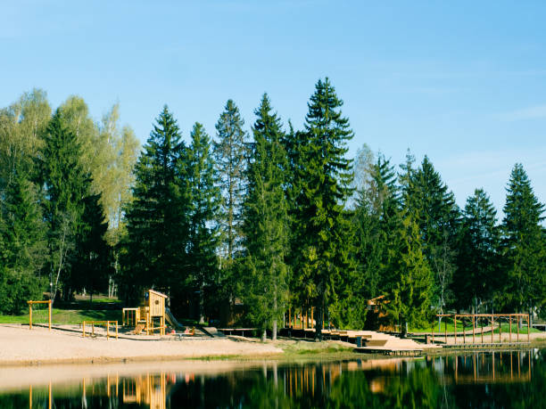 istock modern wooden playground on the lake shore 2194598087