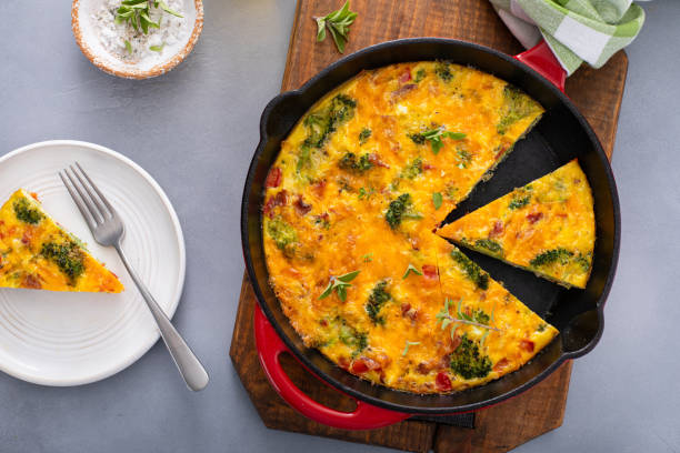 istock Healthy frittata or quiche with broccoli and red pepper cut in a cast iron pan 2194599331