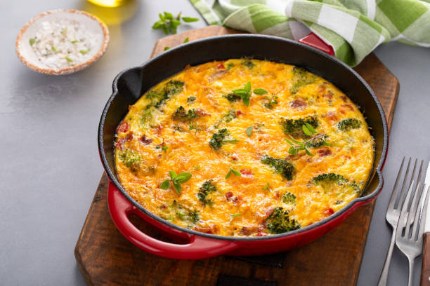 istock Healthy frittata or quiche with broccoli and red pepper whole in a cast iron pan 2194599332