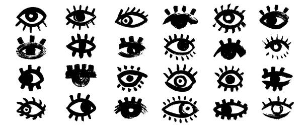 Bold brush eyes. Doodle eye icons, geometric simple mystic human eyeball brush abstract shapes, creative retro hand drawn brushstroke elements. Vector isolated set.