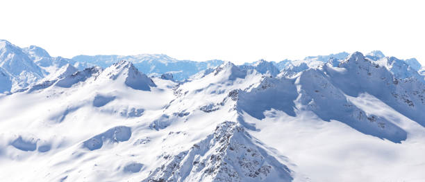 Panorama of winter mountains covered in snow isolated on white background. Mountain peaks in winter