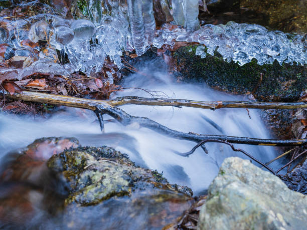 Ice on a small mountain stream on a cold winter day