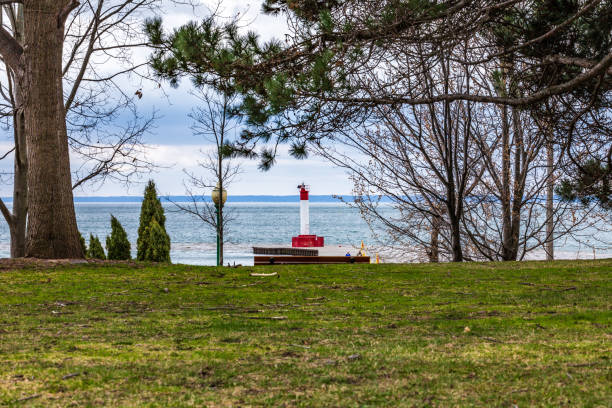 A serene landscape featuring a lighthouse near calm water, captured through vibrant greenery, emphasizing tranquility and natural beauty.