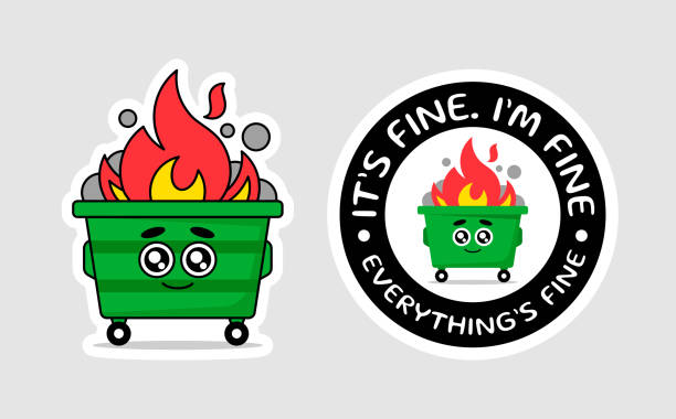 ilustraciones, imágenes clip art, dibujos animados e iconos de stock de contenedor de basura, basura en llamas. ''está bien'' meme de internet - basura industrial