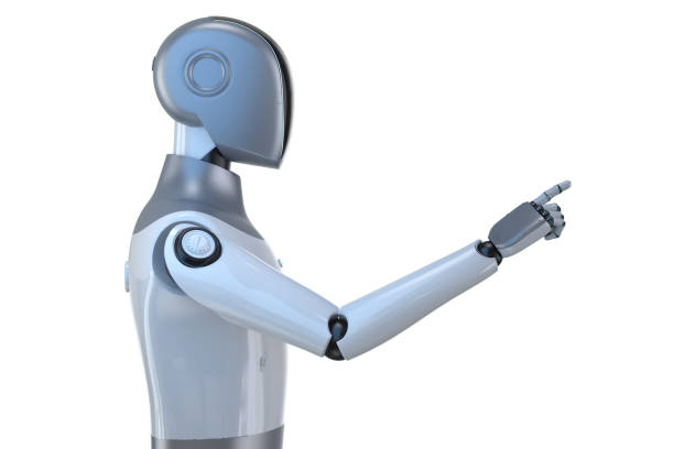 istock Humanoid robot with black face finger point isolated on white 2194617706
