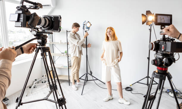 istock Behind scene female posing team work equipment 2194618122