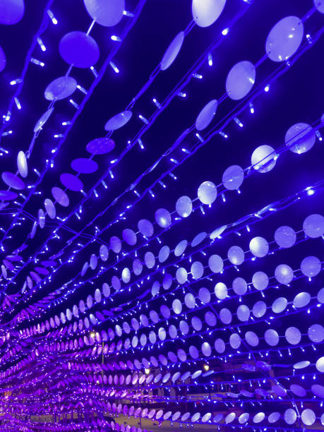 Purple string lights and round hanging decorations create a vibrant, festive ambiance with glowing pink and violet tones against a dark background