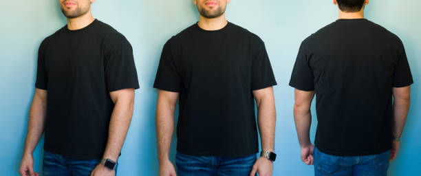 Man wearing black t-shirt mockup, front and back view