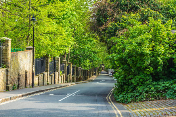 istock Peaceful Tree-Lined Road Along Brick Wall in Sunny Highgate Cemetery 2194626783