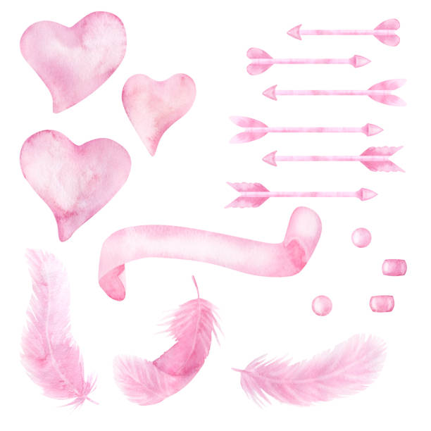 Delicate pink watercolor hearts, arrows, feathers, ribbon, bead set. For girly baby decor, Valentine's Day, wedding. Concept soft love. Hand drawn illustration on white background. Delicate pink watercolor hearts, arrows, feathers, ribbon, bead set. For girly baby decor, Valentine's Day, wedding. Concept soft love. Hand drawn illustration on white background. For confessions, cover, booklet, covers, postcards. clip art of a cupid free stock illustrations