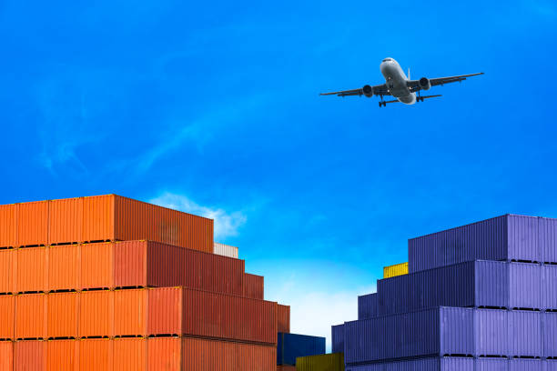 Container warehouse at industrial port Sending by plane, cargo logistics, business, import, and export. transportation industry concept