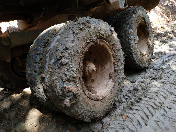 Large tires of a military vehicle