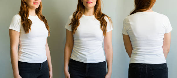 istock Young woman presenting white t-shirt front, side, and back views 2194634660