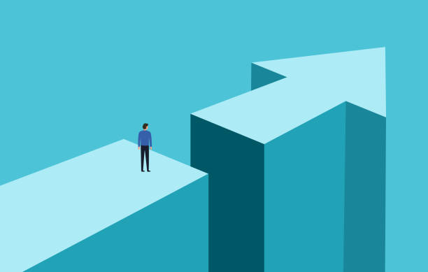 istock Business challenge or obstacle vector concept. Businessman standing on the edge of gap with arrow going through. Concept of courage, bravery, risk. 2194641248