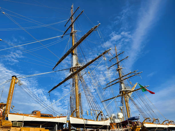 istock Ropes stretched across the masts of an old ship 2194653947