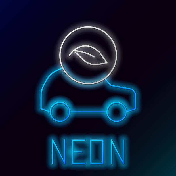 istock Glowing neon line Eco car concept drive with leaf icon isolated on black background. Green energy car symbol. Colorful outline concept. Vector 2194656859