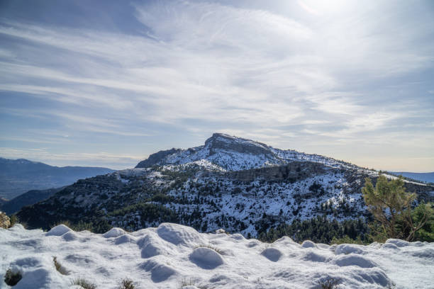 Scenic panoramic view of snow-capped montcabrer mountain peak and surrounding landscape in alicante, spain, during winter