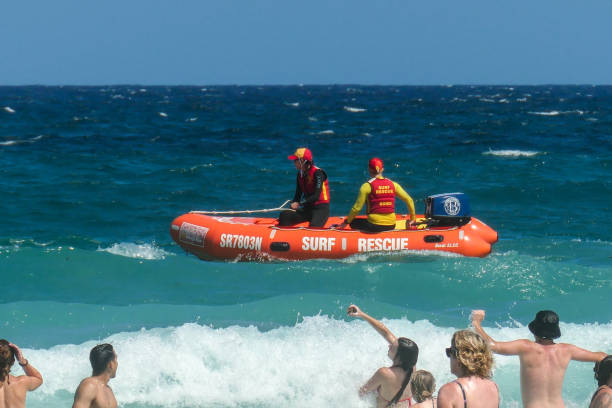 Surf rescue board is standing on sands at the beach.Da Nang - Vietnam.