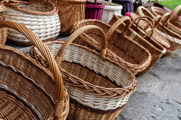 Many Wicker Baskets on Handicraft Market, New Wickerwork, Hand Made Basket, Bamboo Containers, Picnic Wicker Baskets, Natural Vintage Decoration