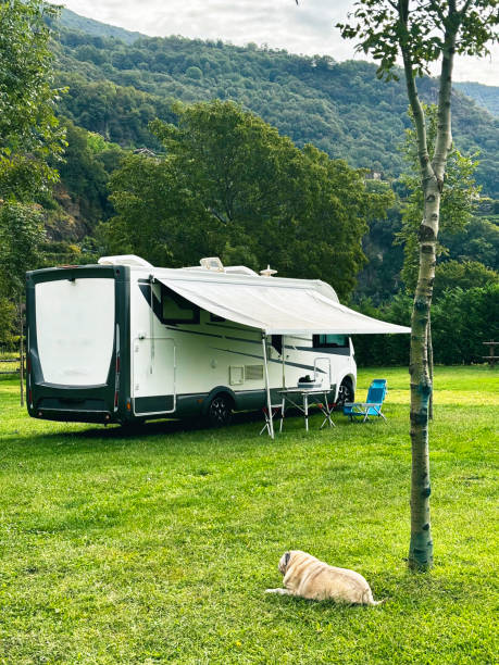 istock Modern motorhome parked in grassy field with open awning, table, and chairs. Stunning mountain backdrop and clear sky for perfect vanlife or alternative vacation 2194669742
