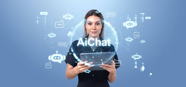istock Woman holding tablet with AI chat interface on blue background. 2194670569
