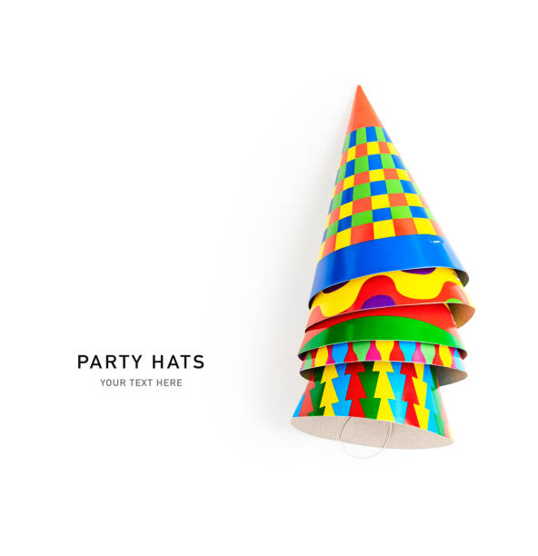Colorful party birthday hats stack photography isolated on white background. Carnival concept. Festive arrangement. Creative layout. Flat lay, top view. Design element