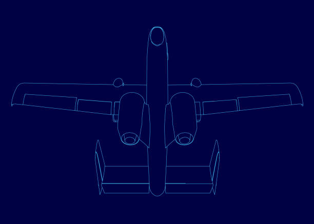istock Blue airplane is shown in a blue drawing. The airplane is a small propeller plane with two engines. The drawing is of a close up of the plane's body, showing the details of the wings 2194673364