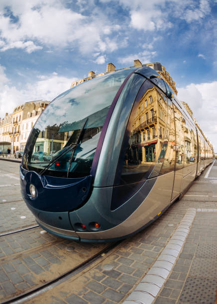 Modern tram in Bordeaux, France, shot with a fish eye wide angle lens