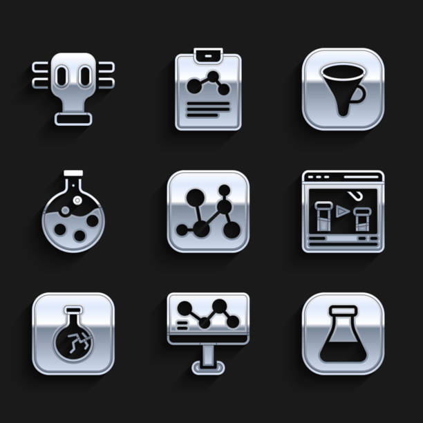 istock Set Chemical formula, Test tube and flask, online, Cracked, Funnel filter and Gas mask icon. Vector 2194676739